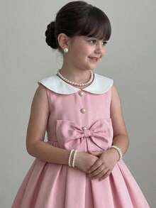 SHEIN Tween Girl Elegant Gold Button White Color Block Collar Big Bow Pink Sleeveless A-Line Dress,Pink And White Striped,Summer,Elegant,Party Wear Vintage - Pink - View 2