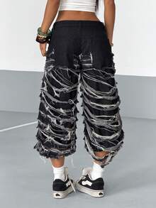 StreetHx Women's Pocket Distressed Frayed Hem Wide Leg Loose Casual 7/8 Length Jeans - Black - View 2