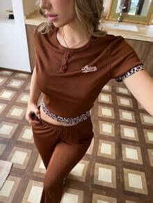 SHEIN MX7061 夏季豹纹拼接短袖上衣和短裤睡衣套装 - 棕色 - 查看 3