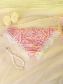 Pink Ruched Back Bow Ruffle Lace Frill High Waist Sheer Doll Comfortable Women Panties - Pink - View 7
