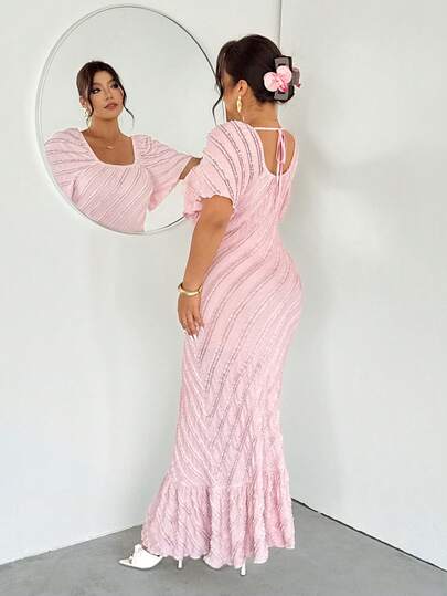 Firerie 大码女式纯色方领插肩袖荷叶边优雅连衣裙