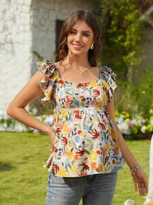 SHEIN 孕妇热带植物印花荷叶边袖衬衫 - 彩色 - 查看 4