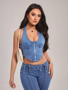 SHEIN Tall Women's Zip-Up Collar Cropped Denim Tank Top - Blue - View 1