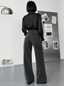 EURMUSE Quần jean đen cạp vừa thường ngày dành cho nữ - màu đen - Xem 2