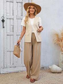 EMERY ROSE 女士V领休闲三扣背心外套 - 杏色 - 查看 4