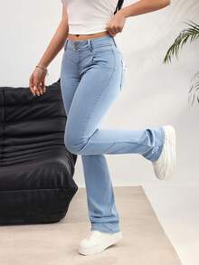 SHEIN EZwear Women's Bow Decor Pocket Casual Flare Leg Jeans Bootcut Jeans For Women - Blue - View 7