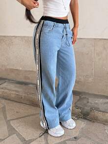 StreetHx Quần jeans nữ ống đứng dáng rộng, thoải mái, đa năng, có sọc bên hông và túi. - Màu xanh lam - Xem 7