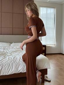 SHEIN MX7061 夏季豹纹拼接短袖上衣和短裤睡衣套装 - 棕色 - 查看 2