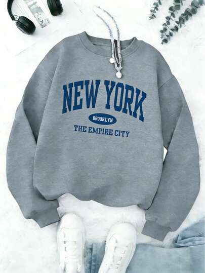 Sudadera con capucha de manga larga con cordón y estampado de letras y dibujos animados para mujer, para otoño/invierno, tops de manga larga,sudadera de moda con impresión de letras "Ciudad Imperio de Nueva York", blusa para mujer,abrigo casual para mujer