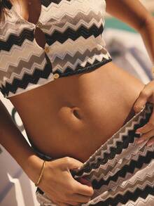 Aralina Two Pieces Vacation Festival Stripe Texture Summer Spring Swim Beach Cover Up Mini Skirt Halter Button Top - Multicolor - View 6