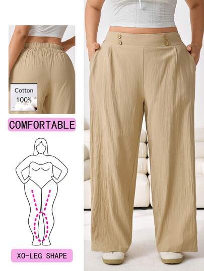 Solflare 2026 Spring/Summer New Casual Everyday Wear, Party, Date, Birthday, Music Festival, Back To School, Vacation Multipurpose Pants. Elastic Waist, Loose Fit, Cotton Soft Comfort, Khaki Color, Plus Size