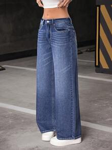 Flirla Women's Pocketed Wide Leg Loose Casual Versatile Jeans - Blue - View 5