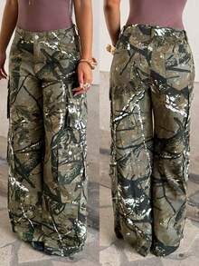 StreetHx Women's Branch Pattern Cargo Pocket Wide Leg Loose Casual Jeans - Multicolor - View 7