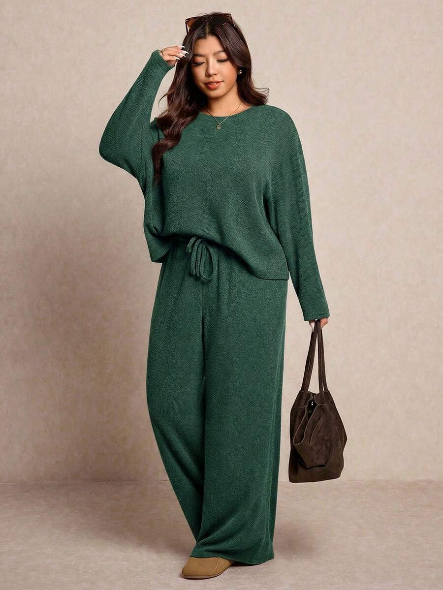 Elaquor Plus Size Women Spring/Autumn Casual Everyday Commute Solid Color Drop Shoulder Loose Long Sleeve Top And Drawstring Waist Wide Leg Pants 2 Piece Set - Green - View 1
