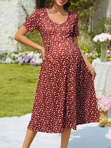SHEIN Vestido de verano elegante con cuello en V, manga corta, corte evasé y decoración de botones con estampado floral - Burdeos - Ver 5