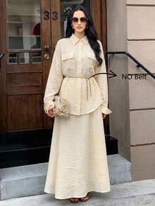 Solavon Bộ đồ nữ thường ngày gồm áo và chân váy màu trơn, thích hợp mặc đi làm. - Vàng nhạt - Xem 8