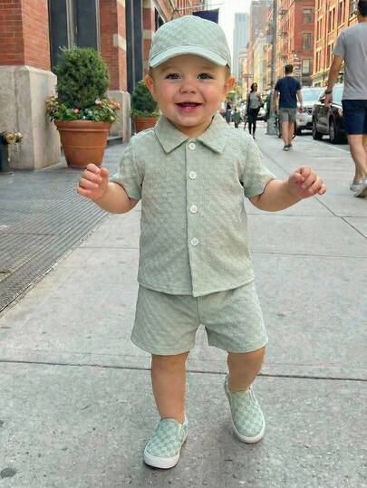 SHEIN Vintaside Kids Textured Shirt And Shorts Street Fashion Toddler Baby Boy 2-Piece Set