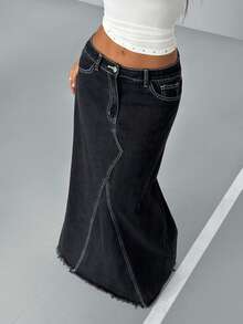 StreetHx 女士十字绣毛边休闲牛仔裙 - 黑色 - 查看 5