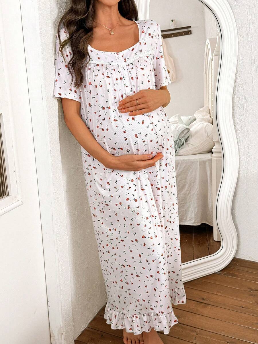 Moonlight&Mama Elegant Ditsy Floral Ribbed Fabric Lace Patchwork Short Sleeve Button Maternity Long Nightgown, Comfortable - White - View 1