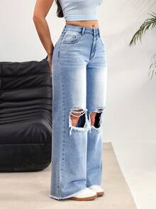SHEIN EZwear 女士口袋破洞阔腿宽松休闲牛仔裤 - 藍色 - 查看 3