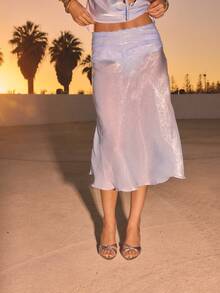 Aralina Fluid Sheer Satin Inspired Midi Length Ruched Waist Flowing Hem Feminine Statement Skirt - Blue - View 3