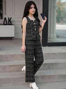 SHEIN Bộ đồ 2 món thanh lịch cho bé gái tuổi teen: áo không tay kẻ caro đen trắng và quần ống rộng. - màu đen - Xem 5