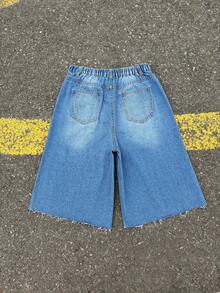 SHEIN Quần jean ống rộng lửng màu xanh denim thoải mái, mềm mại, phong cách thường ngày Y2K cổ điển, phù hợp cho mùa xuân hè, các lễ hội âm nhạc và thời trang đường phố. - Màu xanh lam - Xem 2