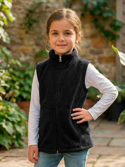 Chaleco afelpado tipo fleece con cierre completo y cuello alto. Abrigador, ligero y cómodo, ideal para niña