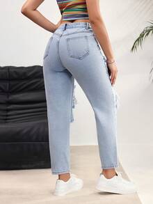 Rivivi Women's High Waist Pocket Distressed Tapered Casual Jeans - Light Wash - View 2