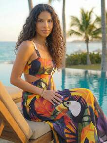 CAJUNI Vestido casual de vacaciones con estampado tropical de loro y hoja de monstera, adecuado para citas - Tropical - Multicolor - Ver 8