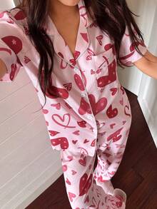 SHEIN Napfluff Bubble Printed Heart Pattern Lapel Short Sleeve & Pants Women Pajama Set, Pink - Pink - View 4