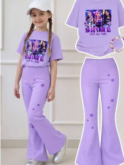 Conjunto de camiseta informal con estampado de dibujos animados para niños y pantalones acampanados