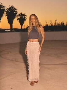 Aralina Festival Party Mesh Sequin Tube Maxi Skirt Sheer Summer Spring Swim Vacation Beach Cover Up Sexy Beige - Apricot - View 6