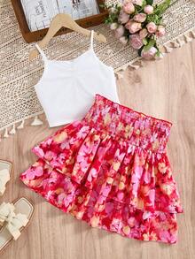 少女修身休闲简约舒适吊带花卉荷叶边下摆两件套 - 珊瑚橙 - 查看 3