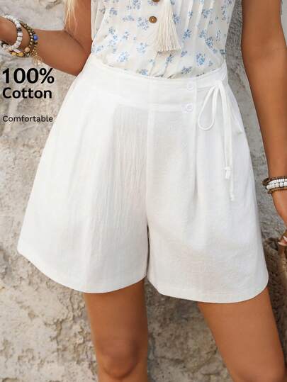EMERY ROSE Women's Solid Color Side Tie Waist Pleated Pocket Loose Casual Shorts White Shorts For Women Summer Outfit For Women Summer Clothes Going Out Outfits Casual Outfit For Women 100% Cotton Women