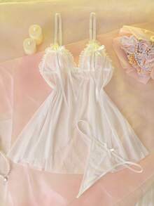 2pcs Spaghetti Strap Dress + G-String, Ruched Hem, Pleated Trim, Slit, Tie, Bow Accent, Pure & Romantic, White Babydoll Sexy Nightgown For Women - White - View 5