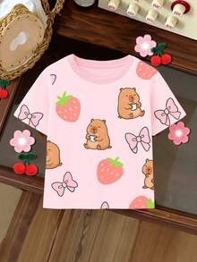 Conjunto de 3 playeras para niña de manga corta, informal de punto suave con estampado capybaras y flores. Conjunto de tres camisetas para niñas de de 3 a 7 años, en o estilo cute. Sensación tipo algodón, textura suave, fresca y cómoda. - Multicolor - Ver 5