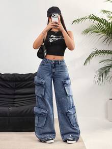 SHEIN EZwear 女士宽松工装口袋阔腿休闲牛仔裤 - 藍色 - 查看 7