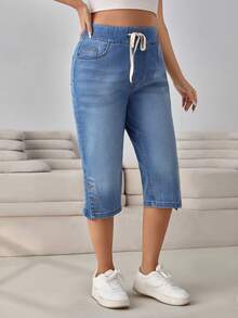 SHEIN Cottnline Plus Size Summer Casual Washed Drawstring Waist Denim Jeans - Medium Wash - View 3