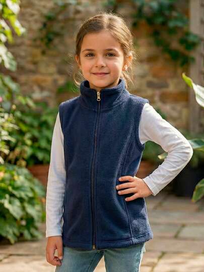 Chaleco afelpado tipo fleece con cierre completo y cuello alto. Abrigador, ligero y cómodo, ideal para niña