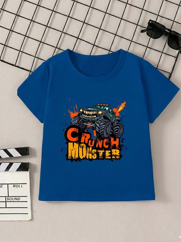 Shendy Vendy Camiseta para niños de 4 a 12 años de 100% algodón con manga corta y cuello redondo con diseño estampado de Monster Truck Camioneta 4x4 Carros coches Autos Camionetas Crunch Monster