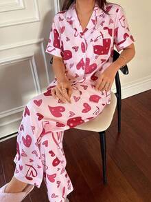 SHEIN Napfluff Bubble Printed Heart Pattern Lapel Short Sleeve & Pants Women Pajama Set, Pink - Pink - View 1