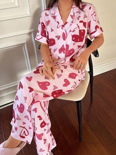 SHEIN Napfluff Bubble Printed Heart Pattern Lapel Short Sleeve & Pants Women Pajama Set, Pink