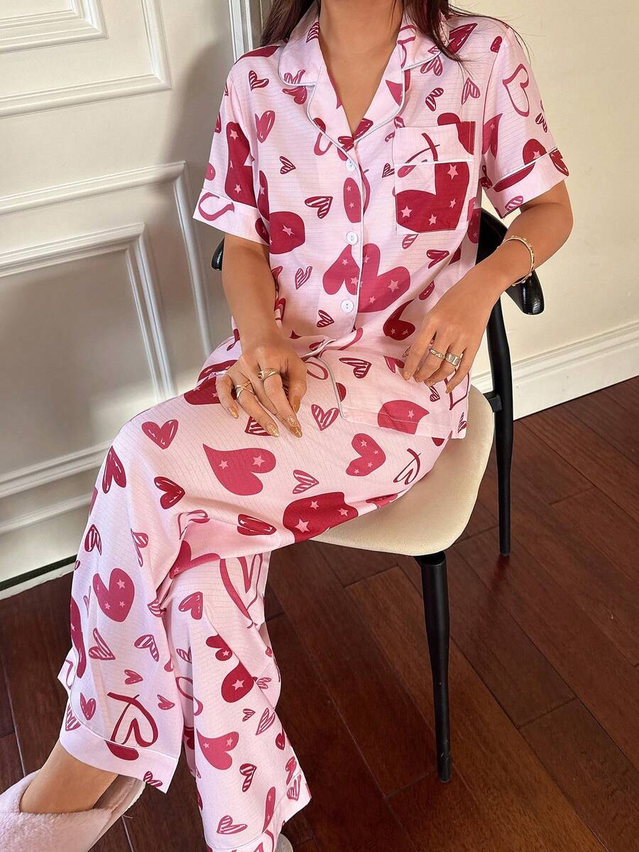 SHEIN Napfluff Bubble Printed Heart Pattern Lapel Short Sleeve & Pants Women Pajama Set, Pink - Pink - View 1