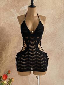 Soleia Váy len cổ rỗng đính đá quý dành cho nữ - màu đen - Xem 3