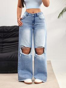 SHEIN EZwear 女士口袋破洞阔腿宽松休闲牛仔裤 - 藍色 - 查看 1