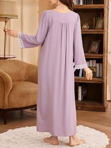 PalaceNights Palace Style Square Collar Lace Detail Soft Embroidered Long Nightgown - Mauve Purple - View 2