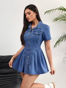 Rivivi Women's Short Sleeve Single-Breasted Pleated Hem Casual Denim Dress - Blue - View 3