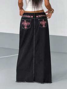 StreetHx 女士十字绣毛边休闲牛仔裙 - 黑色 - 查看 2