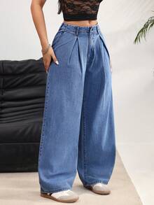 Rivivi Women's Pleated Wide Leg Loose Casual Versatile Jeans - Blue - View 5